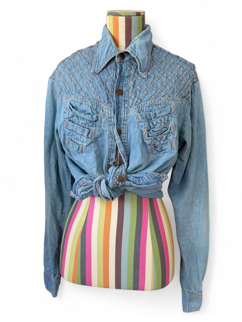 Vintage 80s MADMAN Dagger Collar Western Patchwork Denim Cotton Button Up Shirt